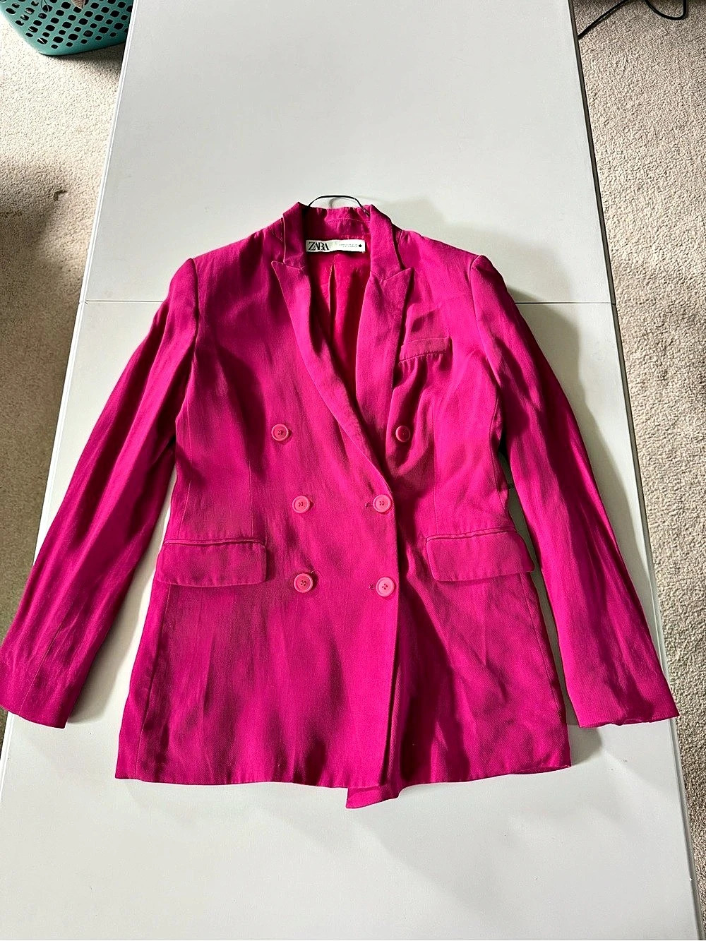 Zara Linen Blend Double-Breasted Blazer Pink Medium